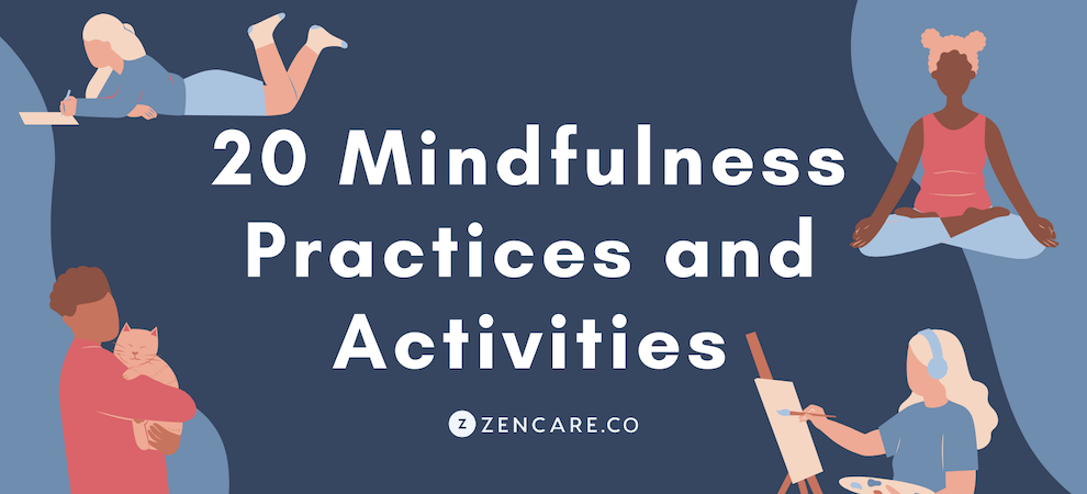 Graphic with 4 illustrations showing people practicing mindfulness
