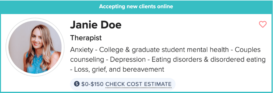 example of a zencare therapist with a check cost estimate bubble