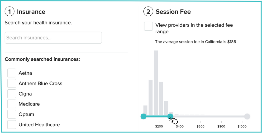 insurance filter showing health insurance list and session fee scale
