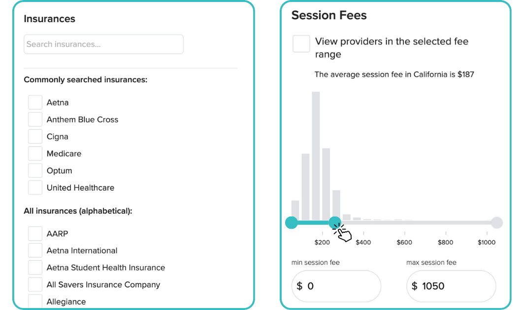 insurance filter showing health insurance list and session fee scale